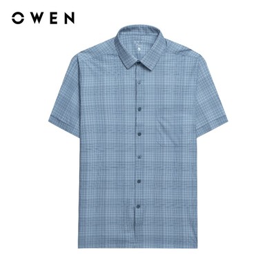 Owen Premium - Áo sơ mi ngắn tay Body Fit AB250053NT màu Xanh chất liệu Knit