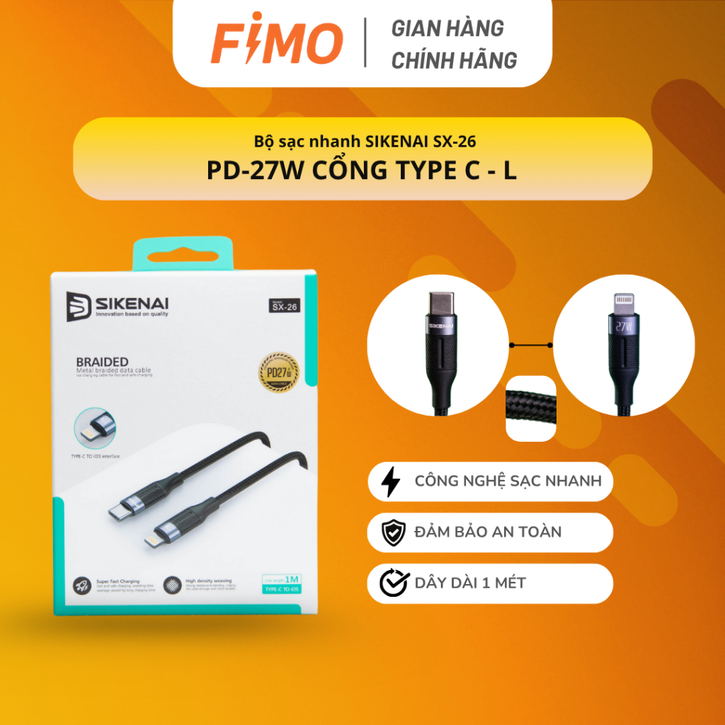 [Hỏa tốc] Dây sạc nhanh PD27W Sikenai SX-26 Cổng (Type-C) - L | Dây bện kim loại, an toàn, chính hãng
