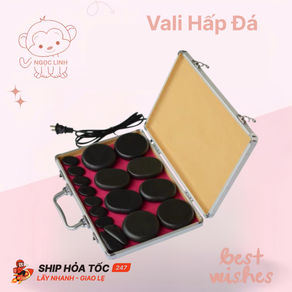 Hộp hấp đá nóng massage cắm điện kèm bộ 16 viên đá nóng massage body, vali hấp đá nóng