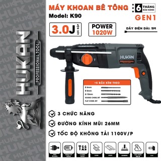  Máy khoan đục bê tông HUKAN K90 1020W 3 Chức năng Ruột đồng 100% Tặng Bộ 5 Mũi khoan và Đục 