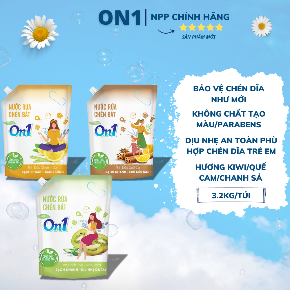   MỚI  Túi Nước Rửa Chén On1 3.2KG Hương Kiwi Aloevera Chanh Sả Quế Cam Làm Sạch Bóng Vết Dầu Mỡ 