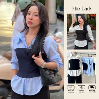 Miolady Áo Sơ Mi Phối Áo Bo Thun Cách Điệu, Phối Crop Thun, chất Thô Nhật Mềm Mịn Không nhăn