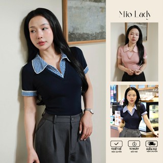 Áo Thun Nữ Cổ Caro Viền Ren Khóa Kéo, Chất Tăm Tiêu Co Giãn Mềm Mại - Miolady