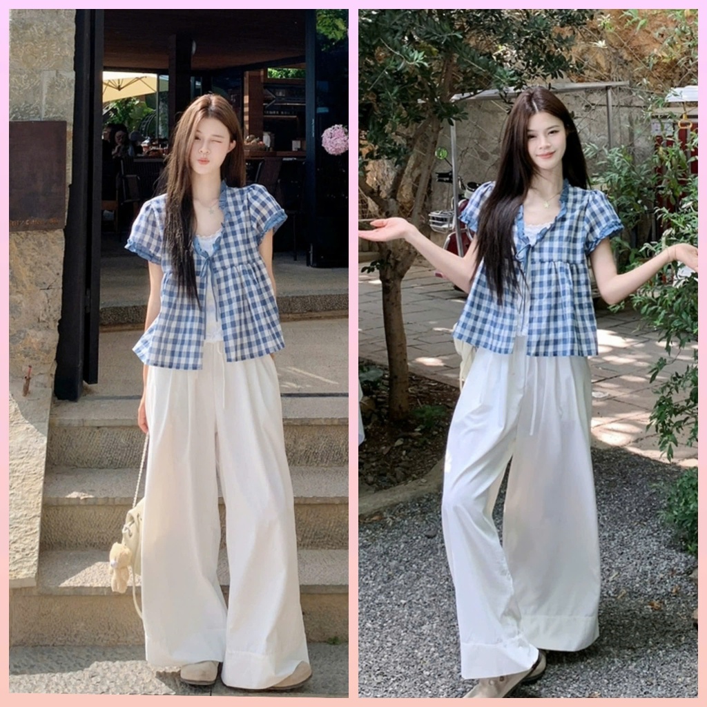 [ORDER] Áo sơ mi ngắn tay kẻ sọc giả hai mảnh phong cách ngọt ngào,quần ống rộng thoải mái hàng quản