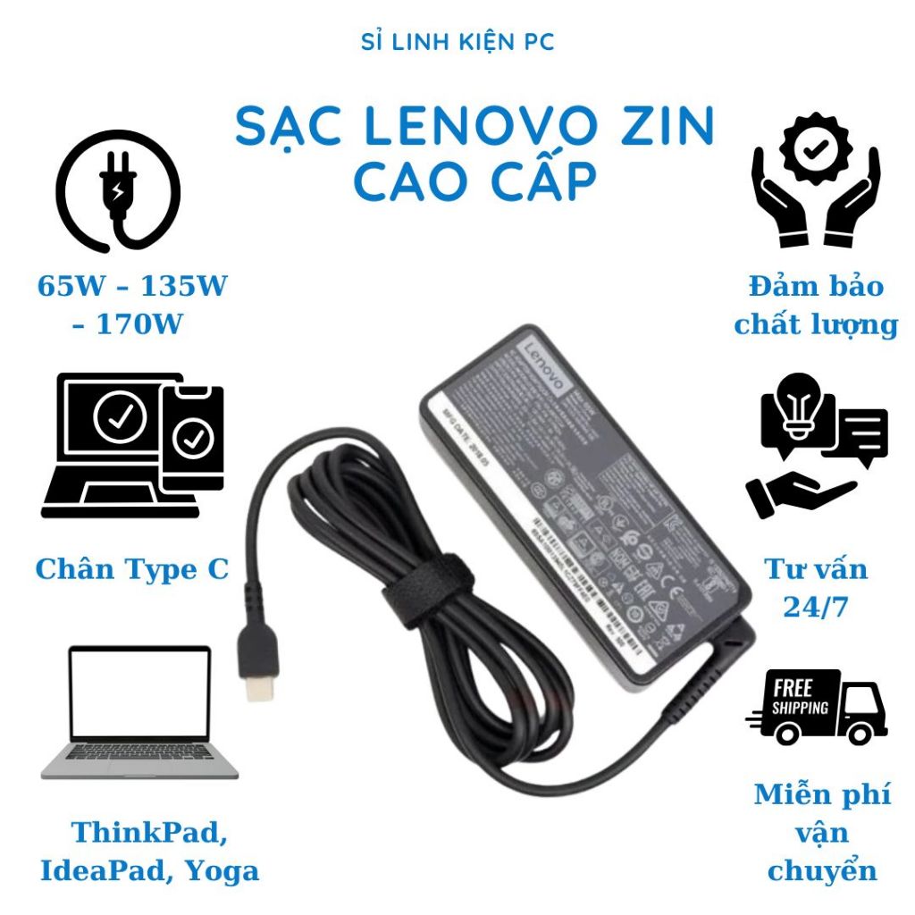 Sạc Laptop Lenovo 3.25A 65W, Sạc Máy Tính Lenovo Vuông Chân Kim/Type-C/USB, Cục Sạc Lenovo Thinkpad