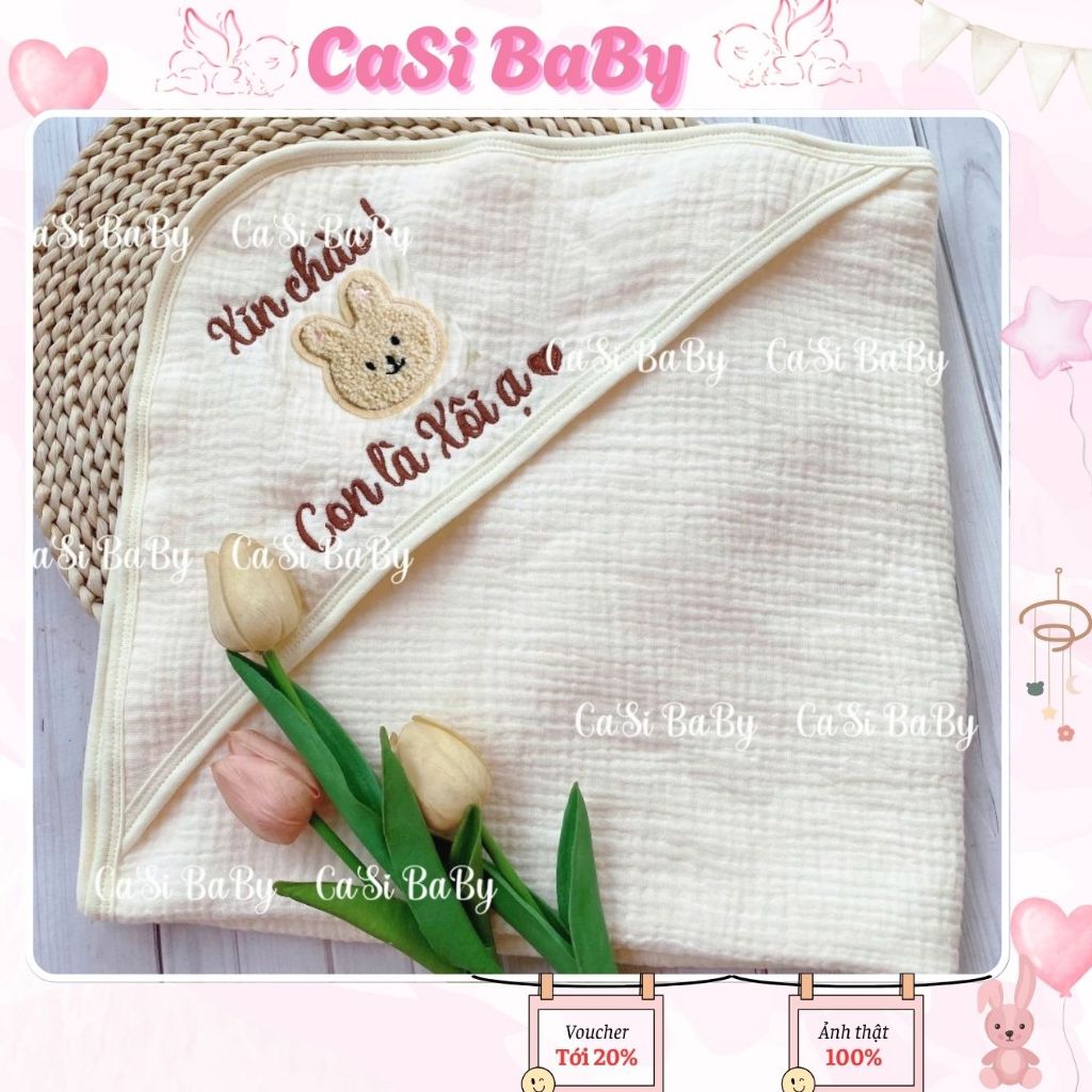 Ủ Thêu Tên Sơ Sinh Xô Muslin 6 Lớp Màu Be Kem, Êm Ái Cho Bé – CaSi Baby