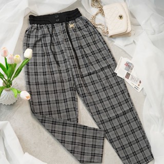 Quần Baggy Nữ Kẻ Sọc Caro Nâu, Ghi Cotton Lụa Mềm Mịn Cao Cấp Co Dãn Nhẹ - Form Dáng Chuẩn Đẹp, Kèm Dây Rút M112