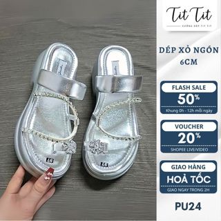 [2] Dép xỏ ngón nữ dép đế cao đế pu chiều cao 6 phân đính đá nhẹ ênh dép đế xuồng nữ quai ngang PU24