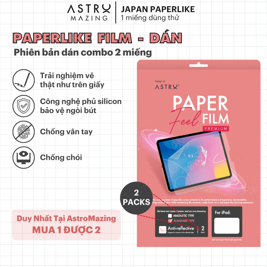 [Paperlike Astro] Miếng dán màn hình Paperlike Nhật Bản Hồng cho iPad Pro 11 Air 4 5 Gen 7 8 9