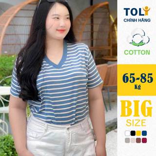 Áo thun nữ BIGSIZE sọc ngang cổ tim TOLI BSV32, Cotton 4 chiều co giãn, Dáng suông dễ mặc từ 59–85kg