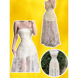 Đầm váy trắng tiểu thư 2 dây dáng dài 2s ren hoa lông vũ 45-65KG bigsize maxi đi biển đi tiệc cưới sang chảnh VANI