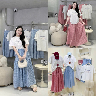 (Hàng l1) Set áo thun tay ngắn Ocean Peal phối chân váy caro dài xoè - xanh, đỏ - SEP Studio