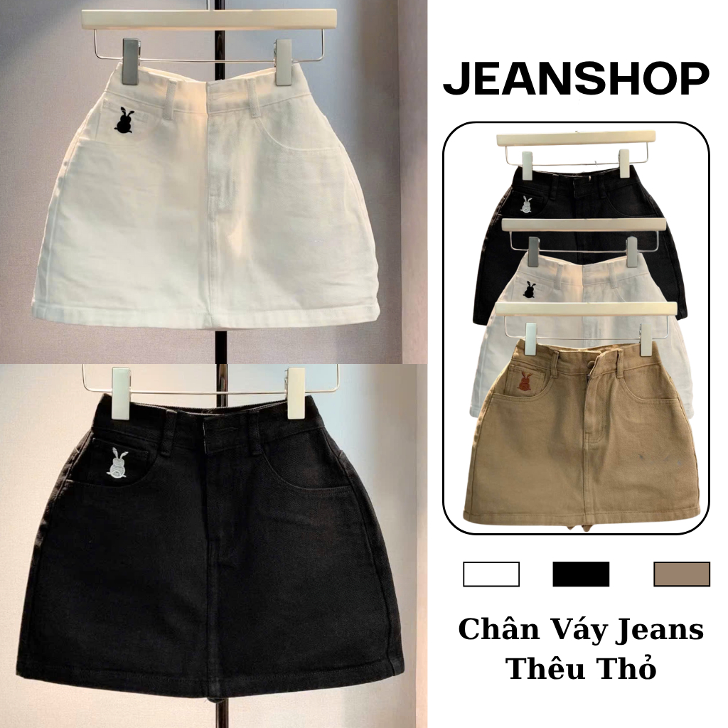 Chân Váy Jeans Ngắn Thêu Thỏ Túi Trước Vải Dày Dặn Form Cạp Lưng Cao Hách Dáng Kèm Quần Bảo Hộ_Jeans