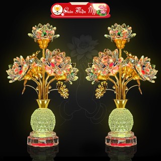 Bình Hoa Sen Pha Lê 5 Bông, 7 Bông, 9 Bông Có Sẵn LED CHÂN THIỆN MỸ, Để Bàn Thờ, Đồ Thờ Cúng