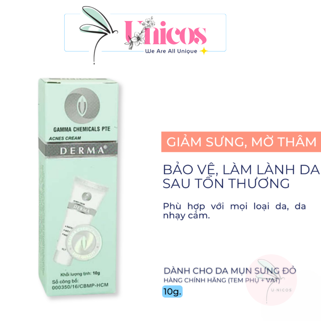 Kem Giảm Mụn Anti Acne Cream DERMA Gamma Chemicals Mờ Thâm Mụn 10g Unicos