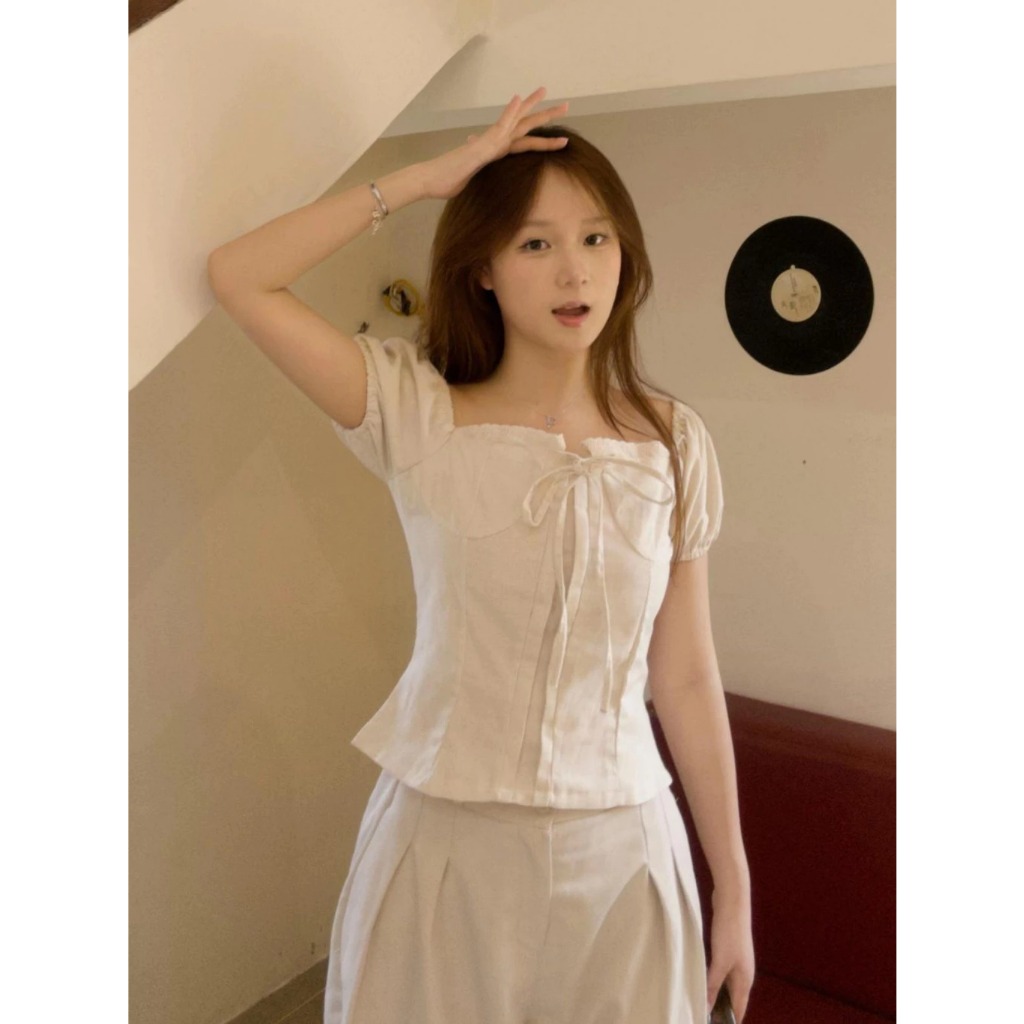 Áo babydoll nữ Trắng kiểu Linen Viền Ren Tay Bo kèm Nơ Ngực Phong Cách Công Chúa | BigBuy360 - bigbuy360.vn