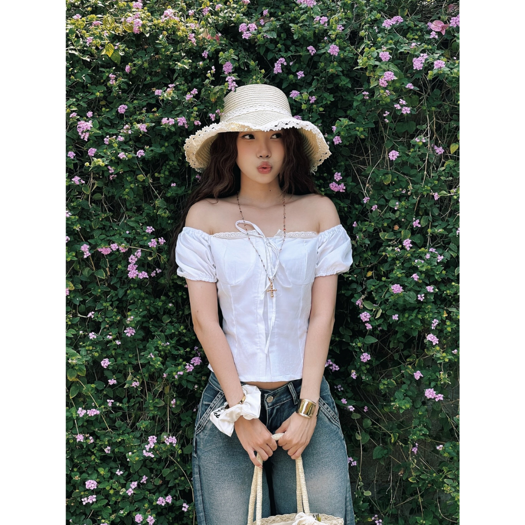 Áo babydoll nữ Trắng kiểu Linen Viền Ren Tay Bo kèm Nơ Ngực Phong Cách Công Chúa | BigBuy360 - bigbuy360.vn