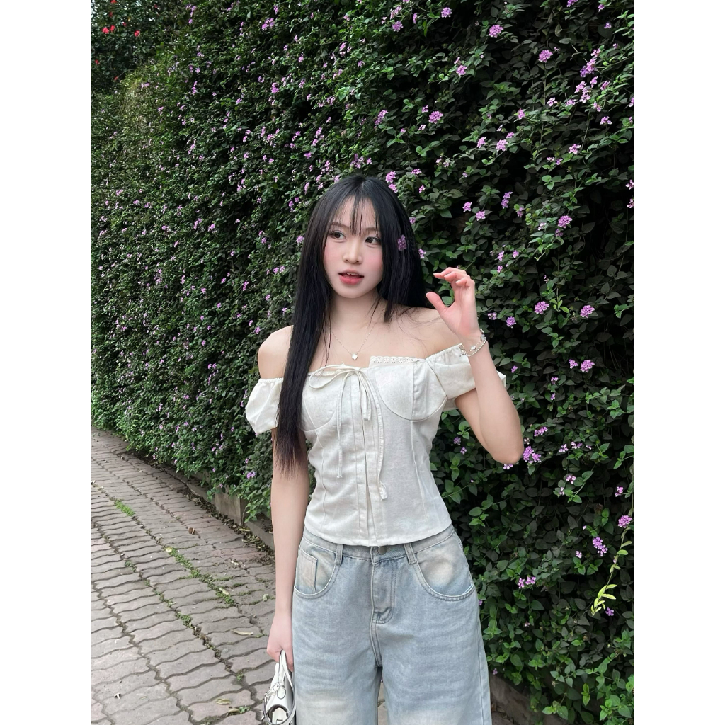 Áo babydoll nữ Trắng kiểu Linen Viền Ren Tay Bo kèm Nơ Ngực Phong Cách Công Chúa | BigBuy360 - bigbuy360.vn