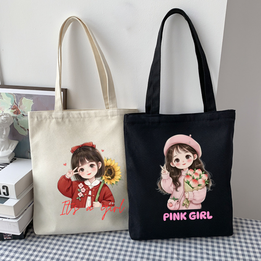 Túi vải Tote in hình Cô gái kích thước 33x37 có ngăn phụ và khóa khéo đựng vừa A4 Loza TOTE23