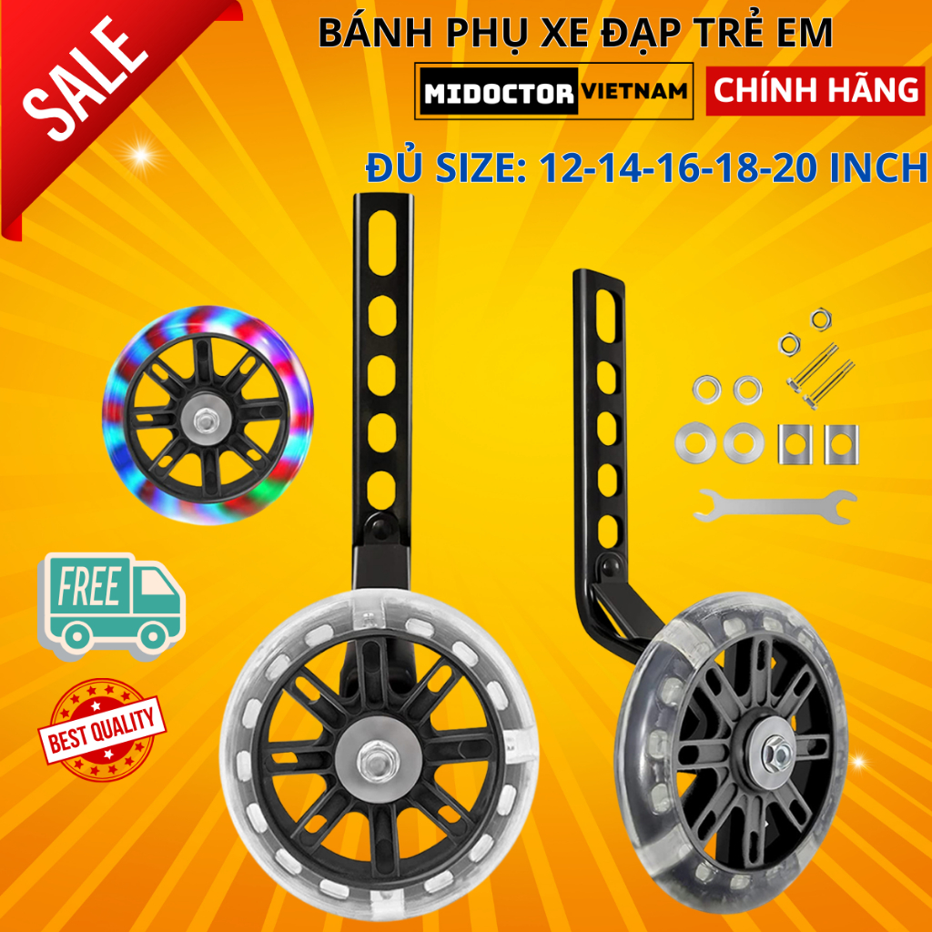 Bánh Phụ Xe Đạp Trẻ Em Chính Hãng miDoctor Phát Sáng Đủ Cỡ 12-14-16-18-20inch Chọn Màu