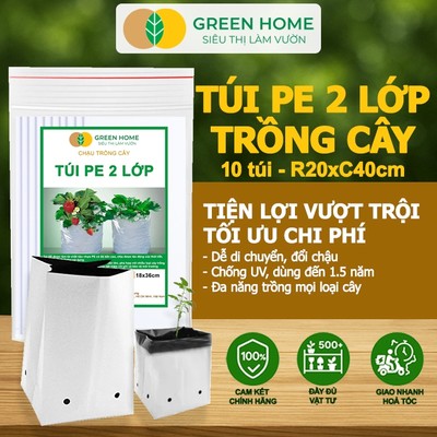 10 Túi Trồng Cây GreenHome, PE 2 Lớp,20x40CM, Chống Tia UV, Tiện Lợi, Độ Bền 1,5 Năm, Trồng Rau, Hoa