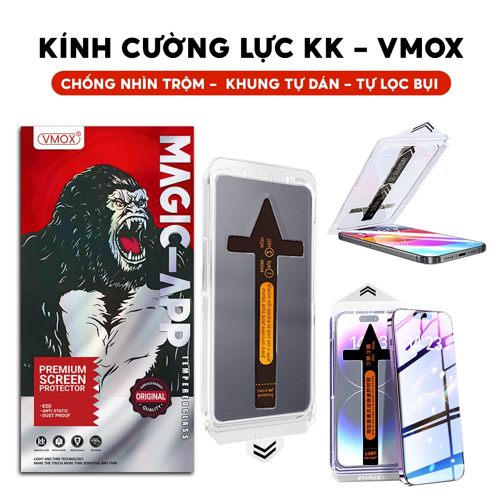 Cường lực KK VMOX có khung tự dán tự hút bụi cho iphone 11 pro max 12 pro max 13 promax x xr xs max 7 8 plus 14 15 16 17 | BigBuy360 - bigbuy360.vn