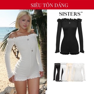 Jumpsuit nữ trễ vai bèo dài tay SISTERS thun gân co dãn màu đen, trắng và kem tôn dáng Kather SIS-CLUB | SS4-J4
