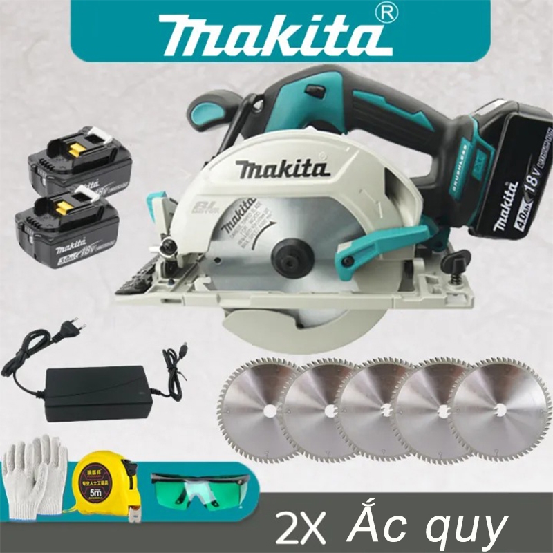 Máy cưa đĩa Makita 7 inch, máy cưa đĩa sạc 18V, 2 pin kèm phụ kiện, máy cưa đĩa điện màu xanh, 2 pin