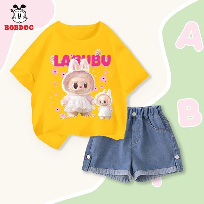 Đồ bộ bé gái BOBDOG, áo cộc quần jean in hình LABUBU C+QB005-KS54 cho bé