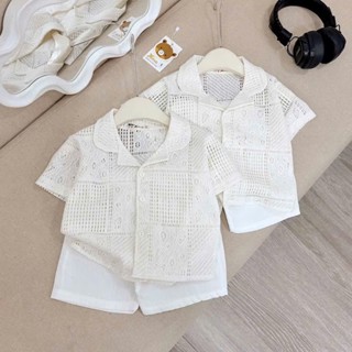 Bộ Cộc Tay Áo Chất Tăm Lạnh Kèm Quần Đũi Trắng Cho Bé Trai Đi Chơi, Đi Du Lịch Có Size 8-30kg-Mã Lưới