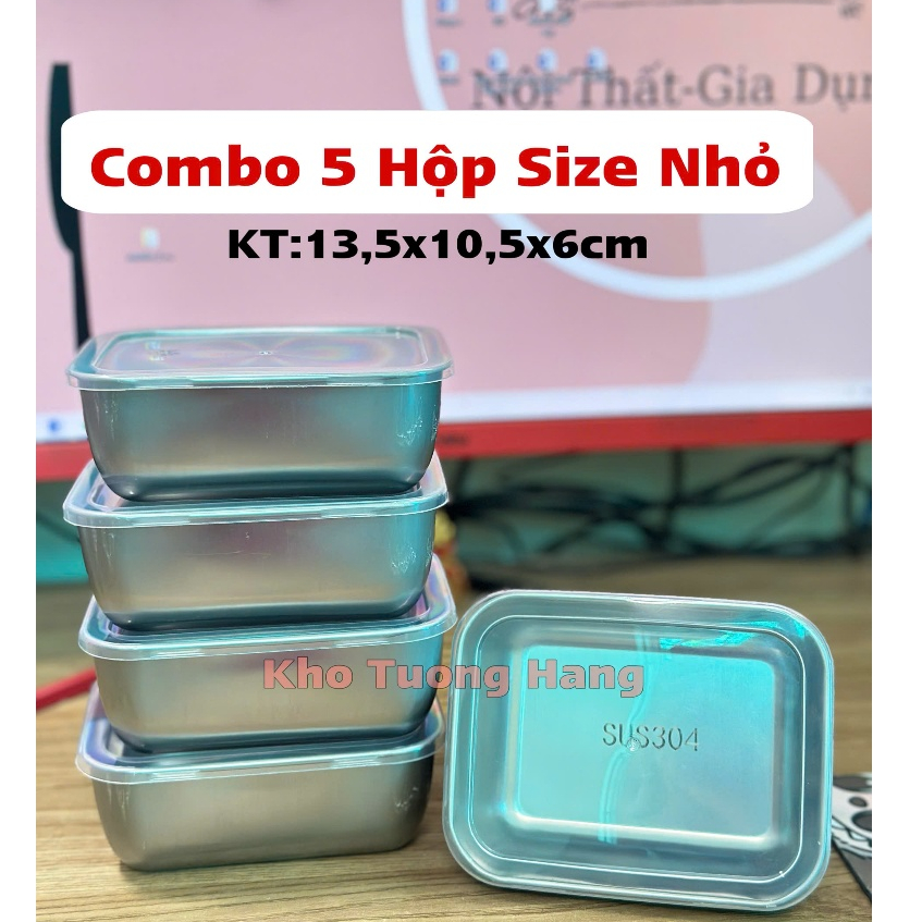 ComBo 5 Hộp Vuông Bé(KT13,5x10,5x6cm) Đựng Thực Phẩm INOX Có Nắp Nhựa Kèm Theo