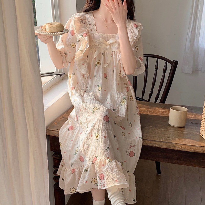 Váy ngủ công chúa tay lỡ, đầm mặc nhà mùa hè thoải mái, đồ bầu bigsize tiểu thư hàn quốc 90.1 M-1