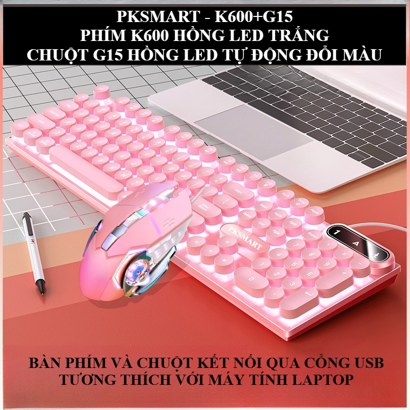 Bàn Phím Và Chuột Giả Cơ Có Dây Nút Tròn - PKSMART K600+G15 - LED Xuyên Chữ - Dùng Cho Máy Tính Lapt