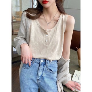  Áo thun Ba Lỗ Nữ sát nách cổ trụ phối Nút thun giấy menina_Studio áo thun xước không tay có nút form rộng thời trang 