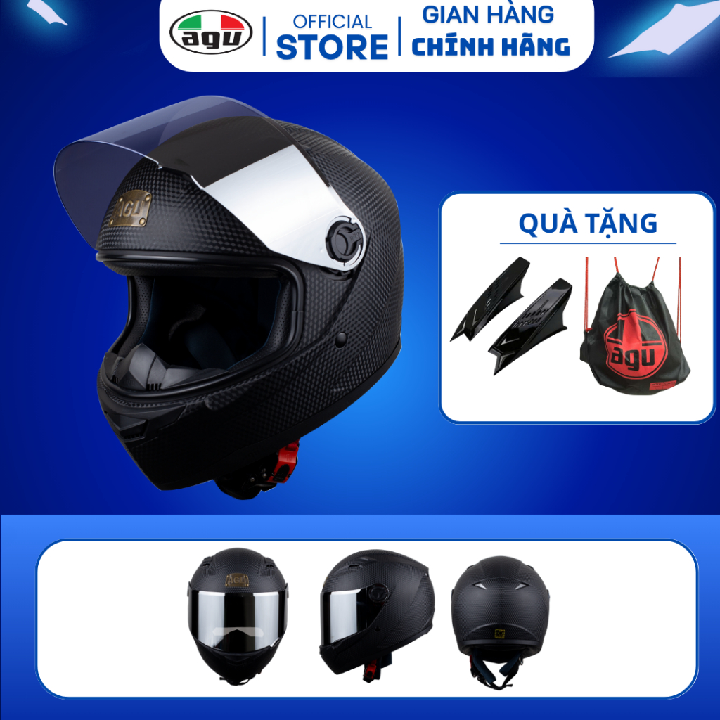 Mũ bảo hiểm Fullface AGU A138 Carbon, hàng chính hãng, bảo hành 12 tháng - Tặng kèm túi rút