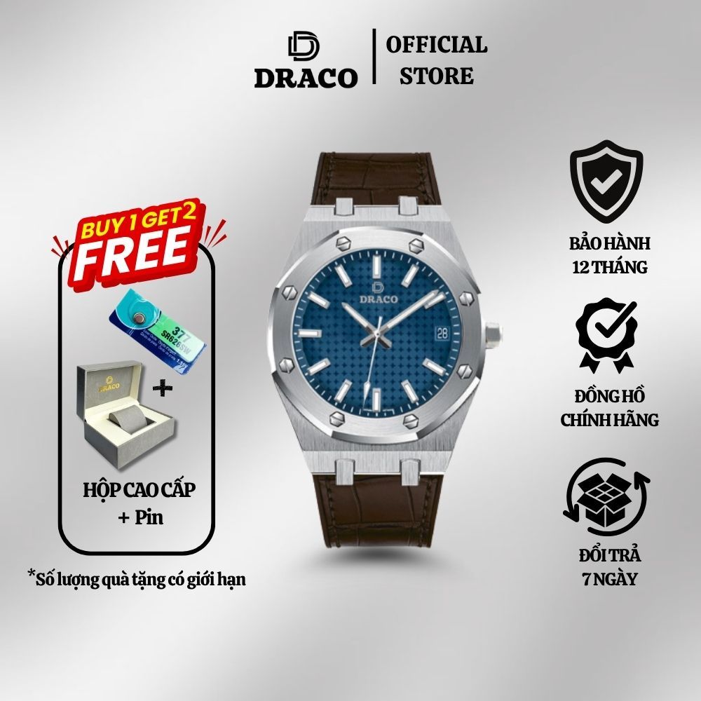 Đồng hồ nam Draco D22-DR04 “Revolution Watch” xanh kết hợp dây da bò nâu - thời trang nam thể thao