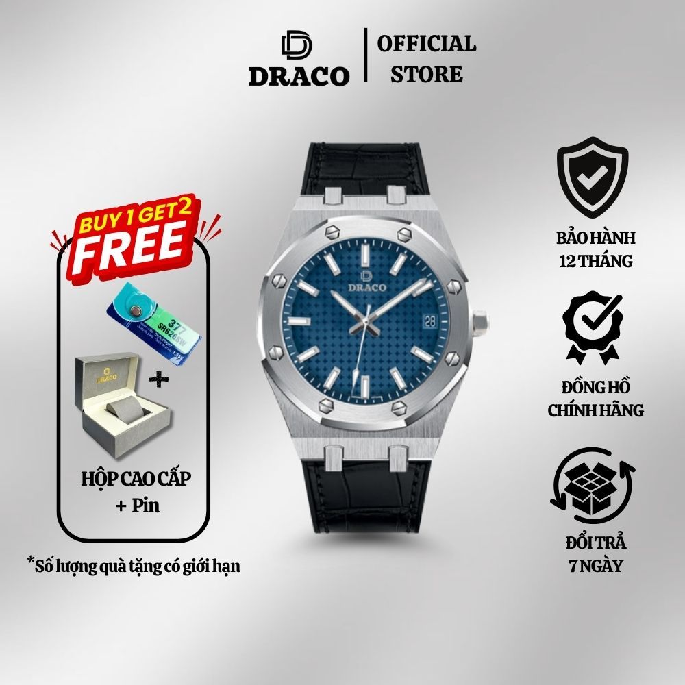Đồng hồ nam Draco D22-DR04 “Revolution Watch” xanh kết hợp dây da bò đen - thời trang nam thể thao