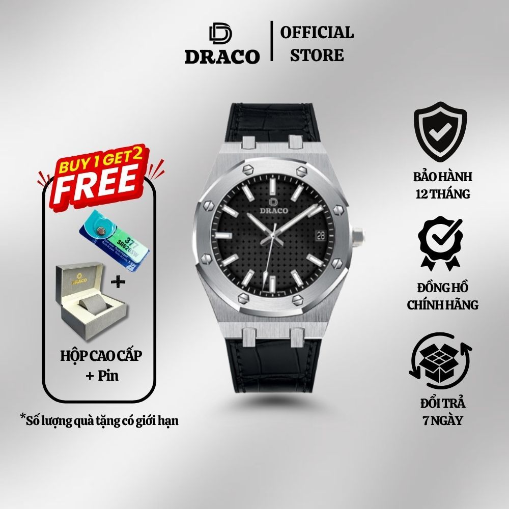 Đồng hồ nam Draco D22-DR04 Revolution Watch đen dây da đen, đồng hồ thời trang nam, chính hãng