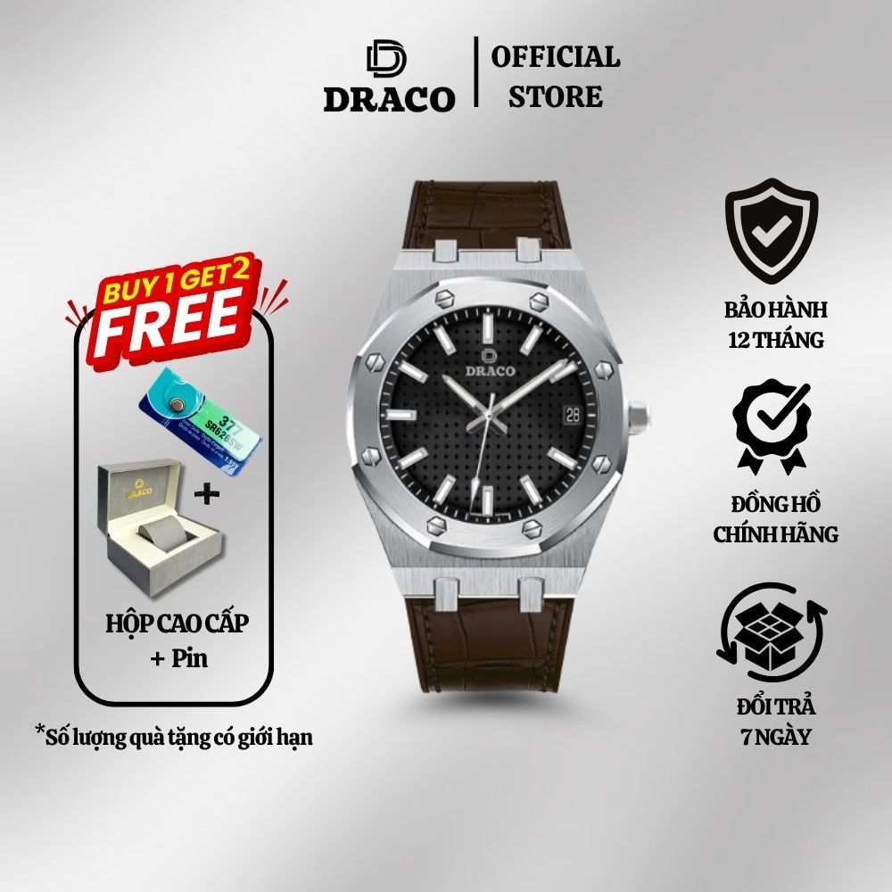 Đồng hồ nam Draco D22-DR04 “Revolution Watch” đen kết hợp dây da bò nâu - thời trang nam thể thao