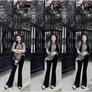  Sét bộ nữ mặc nhà đi chơi đều xinh hack dáng sét tăm lạnh from to kẻ sọc tay ngắn cổ tròn viền đen phối quần ống loe 