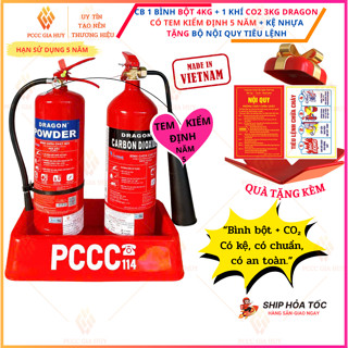 {Có Kiểm Định}Combo 1 bình chữa cháy bột 4kg +1 bình khí co2 3kg có kệ đựng- Tặng nội quy tiêu lệnh