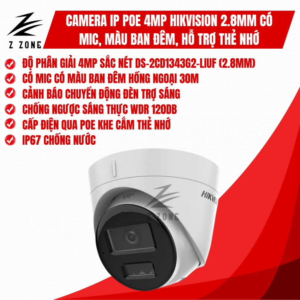 Camera Hikvision 4MP IP POE Bán Cầu góc rộng hỗ trợ thẻ nhớ, có mic DS-2CD1343G2-LIUF (2.8MM)