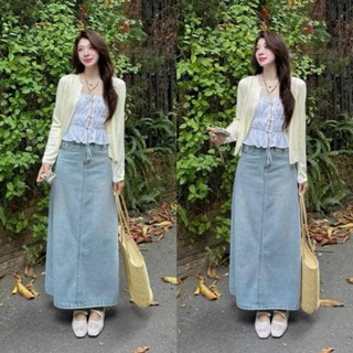  Chân váy jeans xanh dáng dài chữ A màu xanh sáng ánh vàng - 247store 