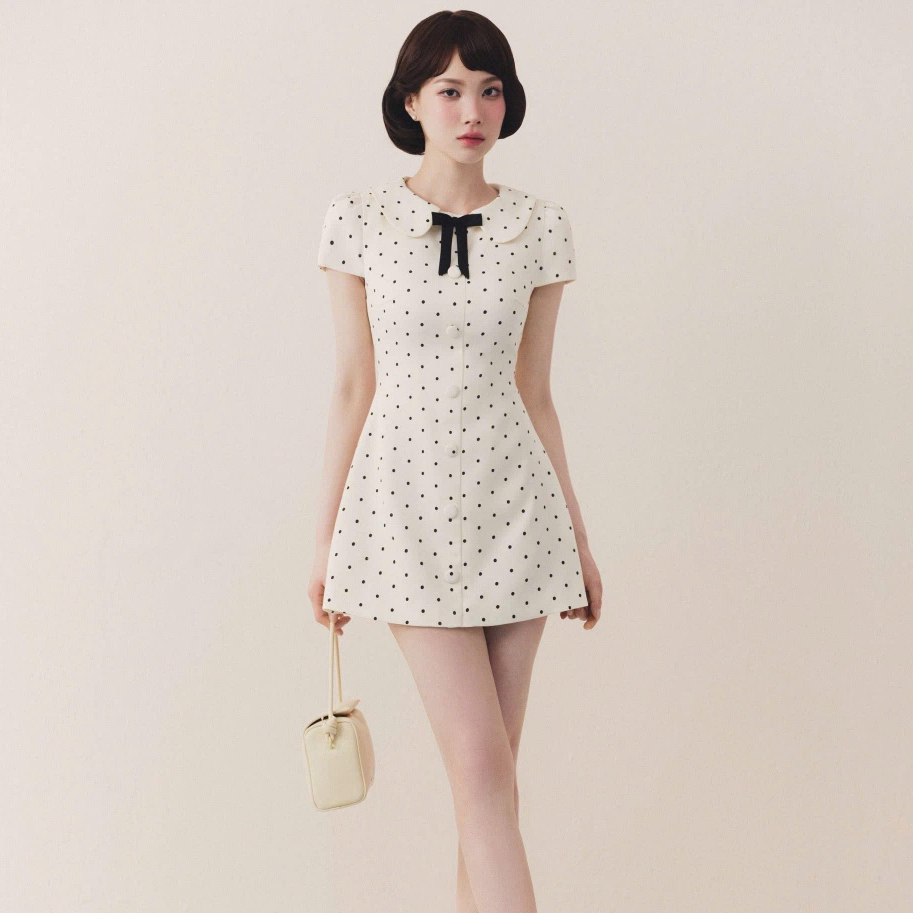 [Hàng có sẵn] Đầm nữ tay bồng họa tiết chấm bi kèm tag nơ thời trang basic - chấm bi ngắn