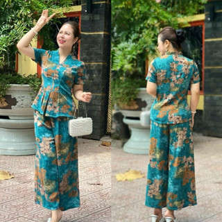 Ms30 Set Đồ bộ trung niên cho mẹ, áo có cổ, quần ống rộng, quần giả váy, chất lụa nhập