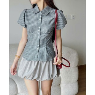  Áo kiểu babydoll kẻ chiết eo Miho Studio 