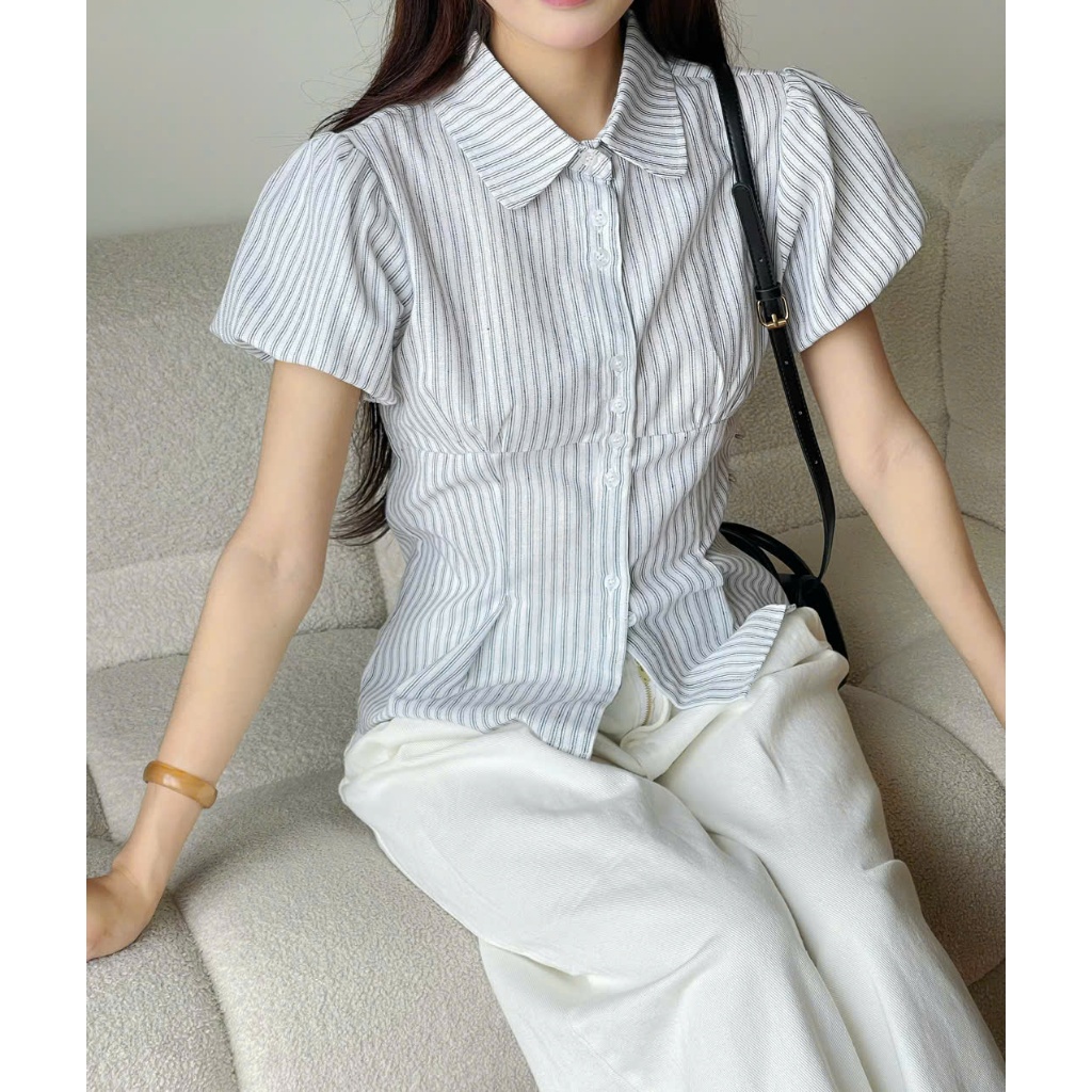 Áo kiểu babydoll kẻ chiết eo Miho House | BigBuy360 - bigbuy360.vn