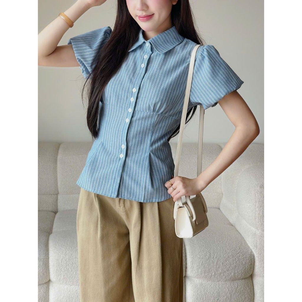 Áo kiểu babydoll kẻ chiết eo Miho House | BigBuy360 - bigbuy360.vn