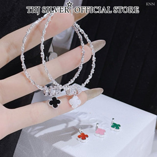Vòng tay xoắn bi mix charm cỏ 4 lá may mắn chuẩn bạc - THU HUONG SILVER
