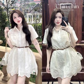 Set Váy Nữ Ren Hoa 2 Lớp Cổ Sơ Mi Túi Trước Ngực Kèm Đai Lưng Thắt Eo Đi Tiệc Phong Cách Tiểu Thư DG98